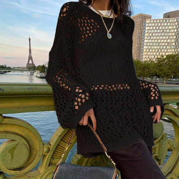 Vedolay Womens Sweater Womens Fall Winter Casual Puff Sleeve Crew Neck Loose Soft Pullover Sweater,Black S