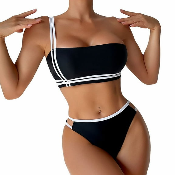Vedolay Womens Swimsuits Two Piece Women Two Piece Vintage Swimsuit Retro Halter Ruched High Waist Bikini with Bottom,Black S