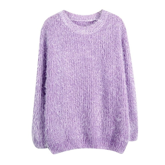 Vedolay Womens Tops Women's Crew Neck Sweater 2023 Long Sleeve Solid Color Casual Knitted Pullover Tops,Purple One Size