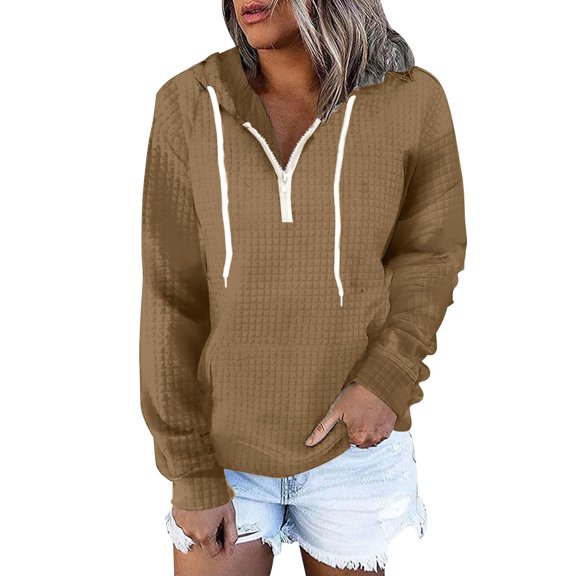 Vedolay Womens Zip Up Hoodie Fashion Half Zip Cropped Pullover Sweatshirts Jackets for Women Khaki,2XL