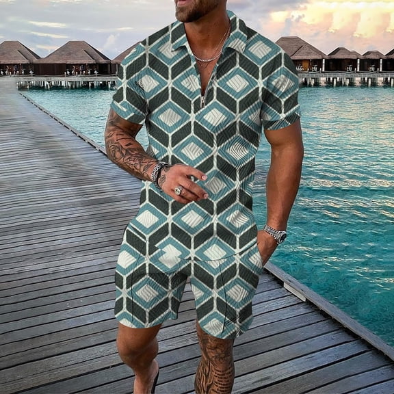 Vedolay Workout Short Set Mens Short Sets 2 Piece Outfits Casual Short Sleeve and Shorts Stripe Set,Light Blue 3XL