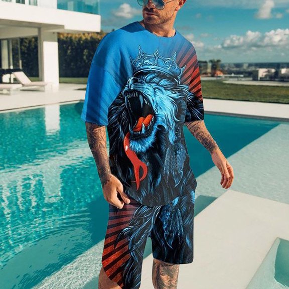 Vedolay Workout Short Sets For Men Hawaiian Outfits for Men Summer Short Sleeve Muscle Tee Shirts and Sport Shorts Set,Blue XL