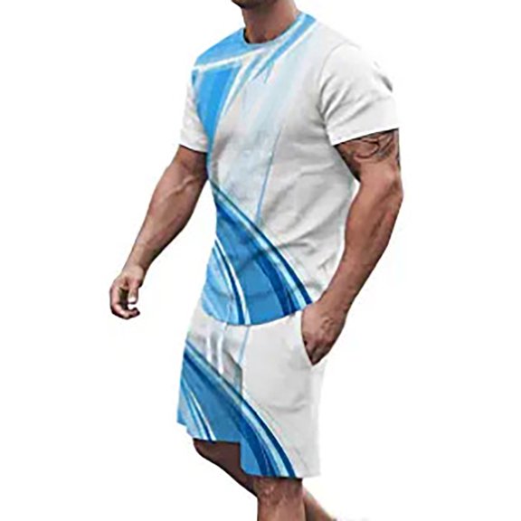Vedolay Workout Short Sets For Men Men's 2 Piece Outfits Casual Floral Print Shirts and Drawstring Waist Shorts,Sky Blue L