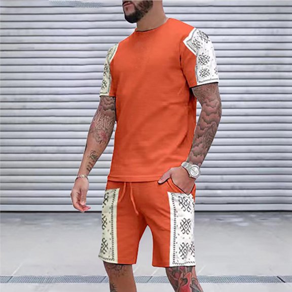 Vedolay Workout Short Sets For Men Men's 2 Piece Outfits Color Block Short Sleeve T Shirt and Shorts Set with Pockets,White 4XL