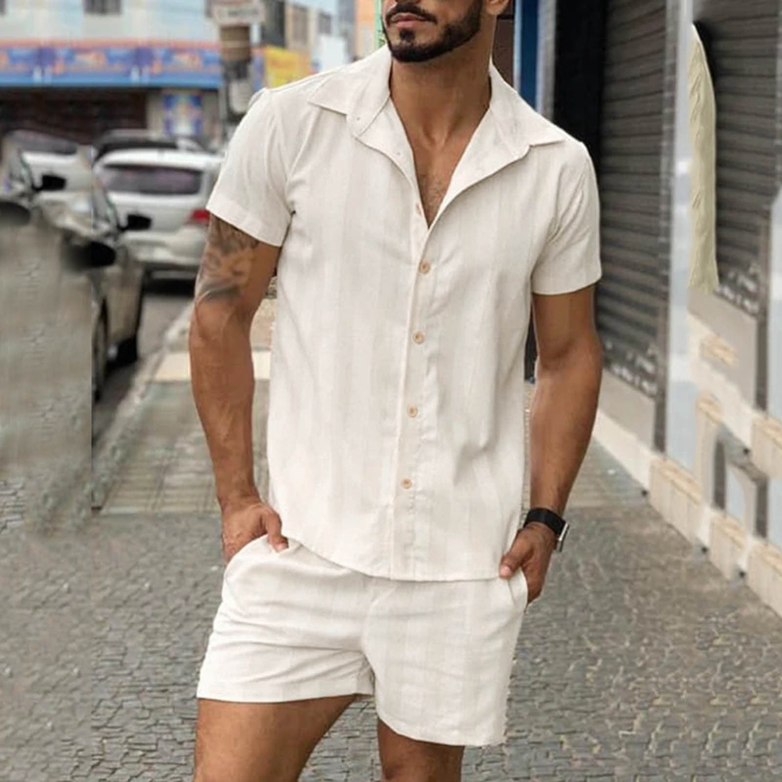 LecGee Uomo Estate Casual Short Sets Solido Manica Corta Tasca Button