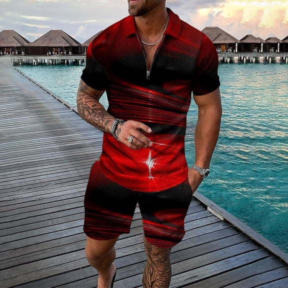 Vedolay Workout Short Sets Men's 2 Piece Outfits Casual Floral Print Shirts and Drawstring Waist Shorts,Red 4XL