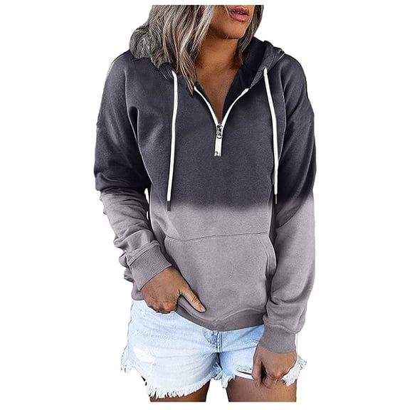 Vedolay Zipper Hoodies for Women Women's Oversized Sweatshirt Basic Solid Sleeve Hooded Pullover Tops,Gray XL