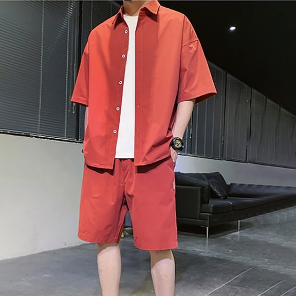 Vedolay men's summer shorts sets Men's Summer Shorts Set Casual Outfits Loose Fit Shirt + Shorts Suits,Blue L