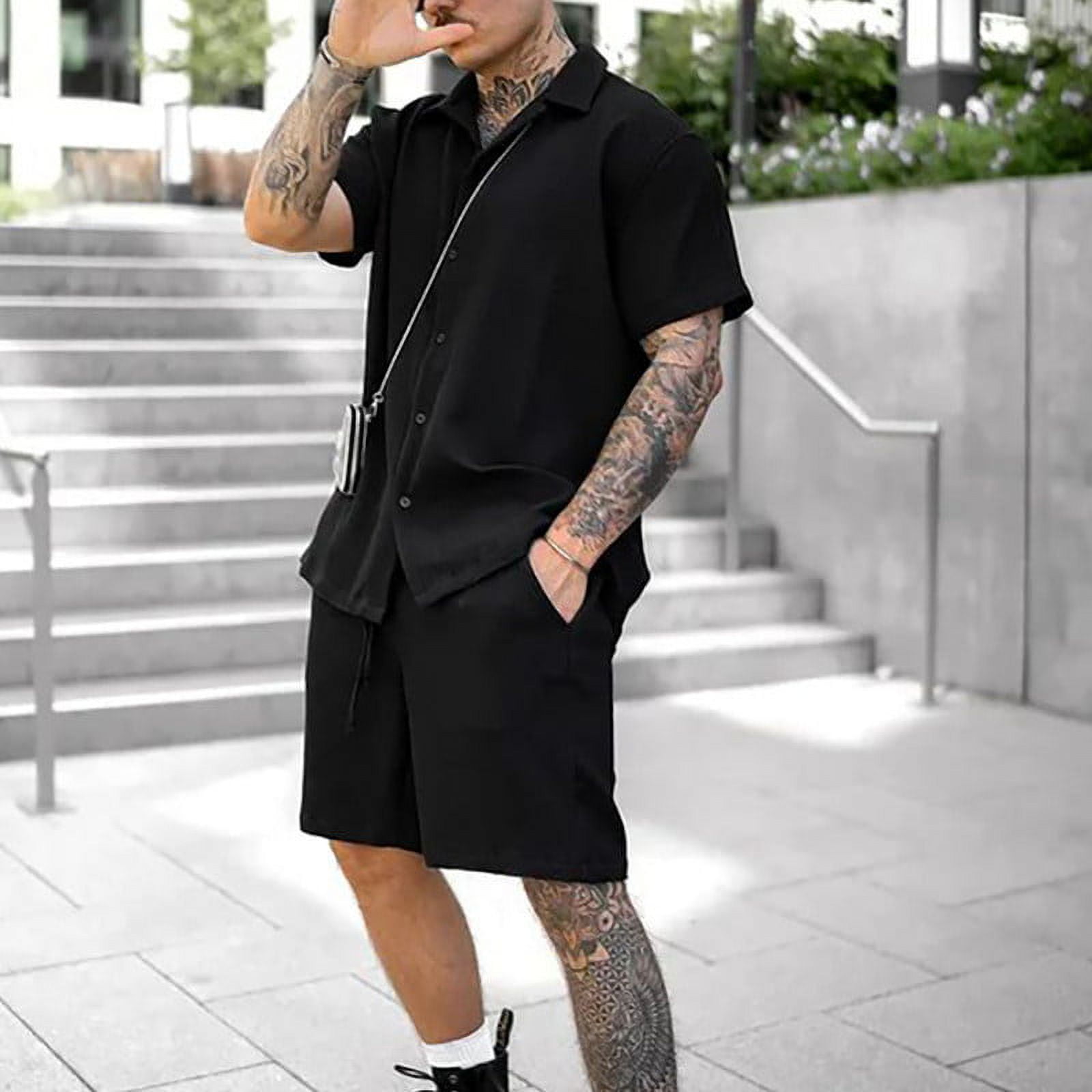Vedolay men s summer shorts sets Mens Summer Outfit 2 Piece Set Shirts and Shorts Stylish Casual Sweatsuits Black S Walmart