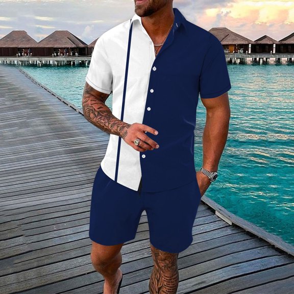 Vedolay shorts sets men two piece outfits Men's Polo Shirt and Shorts Sets 2 Piece Casual Outfits Printed Suits,Black M