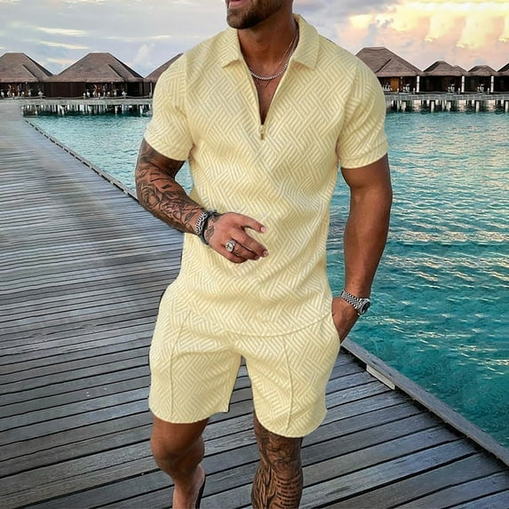 Vedolay summer sets men 2 piece Men's Shirt And Shorts Set Summer Casual Short Sleeve Men's Sportswear Solid Color Streetwear Suits,Beige M