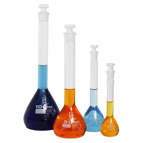 Vee Gee Scientific 202GK-004 Class A Volumetric Flask Glassware Kit in 4 Capacity Sizes (Pack of 4) CA2