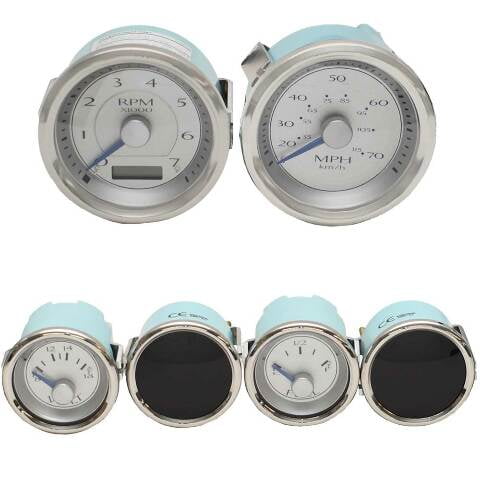 VeeThree Boat Gauge Set | w/ Blanks Metallic Silver / Blue (6 PC)