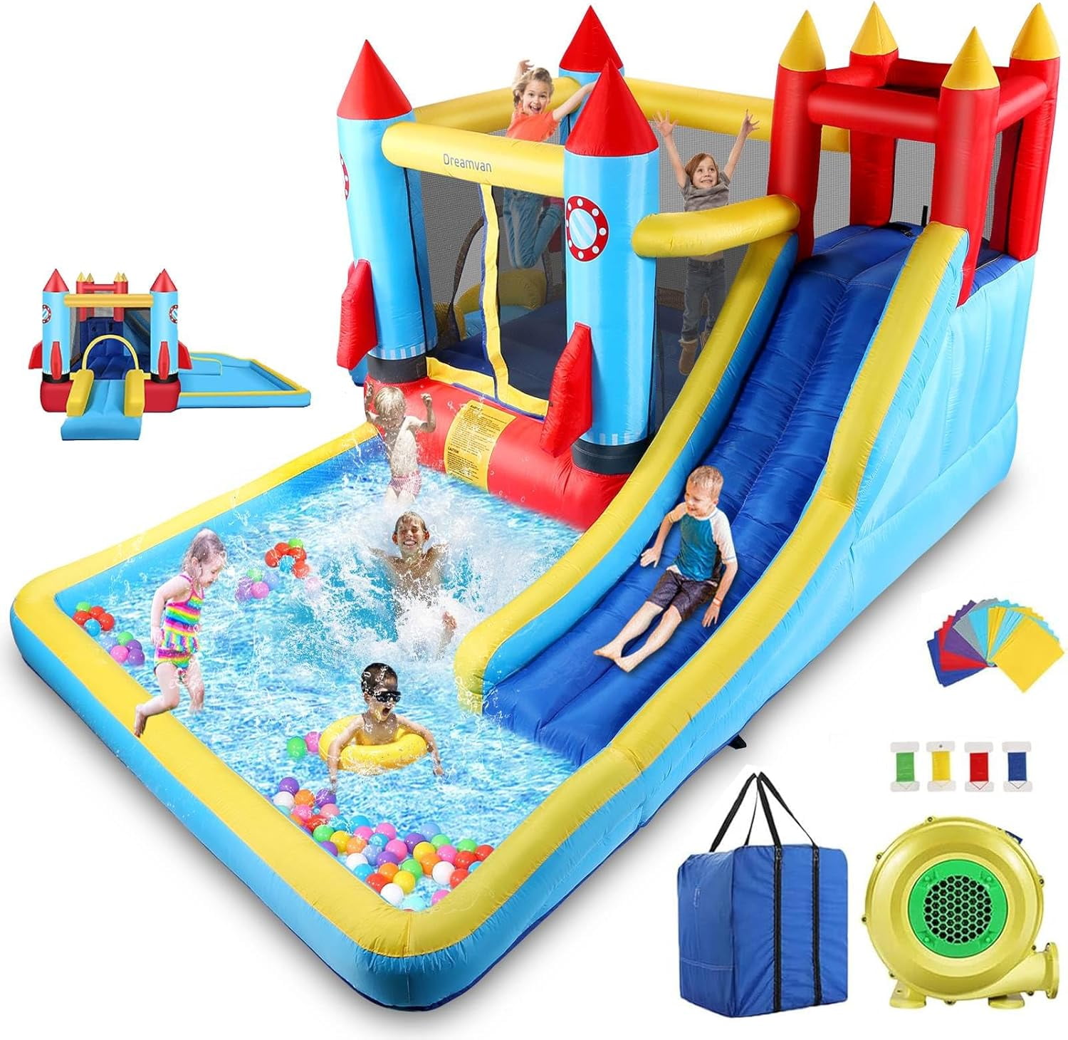 Jumbo Rockets Candy Veeboto 6 in 1 Water Slide, Splash Pools, Climbing Wall, Bounce House ...