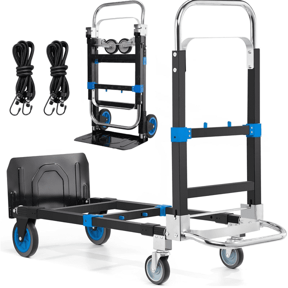Veeboto 3-in-1 Convertible Folding Hand Trucks, 600LBS Heavy Duty Industrial Dolly Cart with Adjustable Handle Dolly/4 Wheels/2 Elastic Ropes for Home, Office, and Warehouse Transport Blue