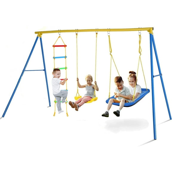 Veeboto 3-in-1 Swing Sets, 440LBS Large Capacity Backyard Playground Swing Sets for Kids with with 2 Adjustable Seats, Climbing Ladder for Backyard Playground & Park