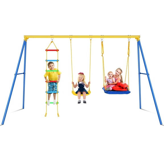 Veeboto 440LBS Swing Set, 3-in-1 Swing Sets with 2 Swing Seats & Climbing Ladder for Outdoor, Waterproof & Metal Frame for 2-3 Kids