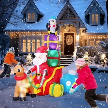 Veeboto 5.9ft Christmas Inflatable Decorations Outdoor, Christmas Inflatable Santa Reindeer on Sleigh with Penguin & Gift Box, Built-in LED Light & Blower for Home, Lawn, Yard, Party Holiday Decor