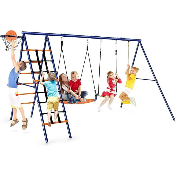 Veeboto 550lbs Swing Set for Kids, 5-in-1 Multifunctional Swing Seat with Saucer Swing, Belt Swing, Disc Swing & 2x Climbing Ladder, Heavy Duty Rustproof A-Frame Metal Outdoor Swing Set for Backyard