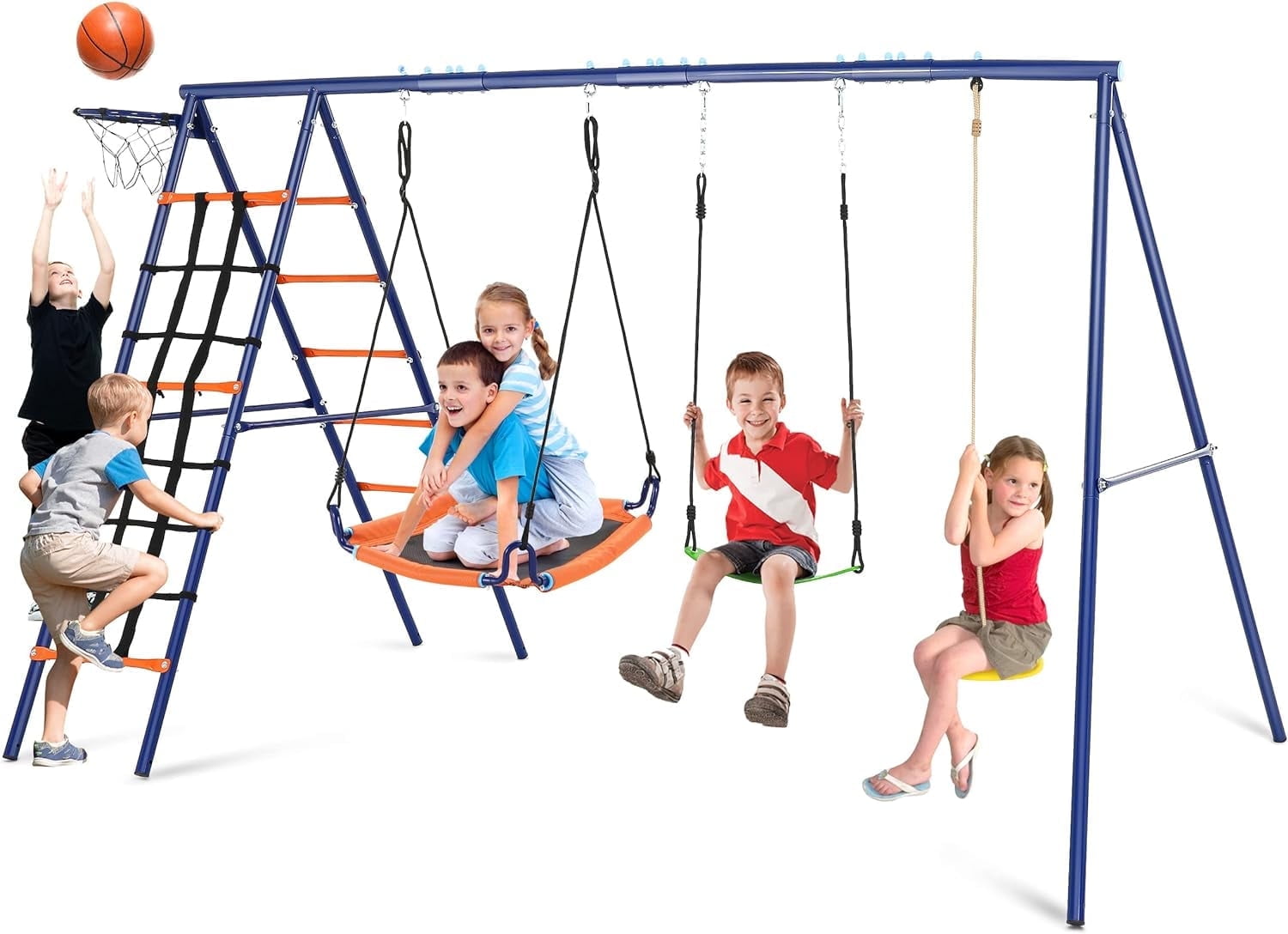 Veeboto 6-in-1 Swing Sets for Outside, 550lbs Heavy Duty A-Frame Outdoor Swing Set, Adjustable Kids Seat/Ground Stakes for Backyard