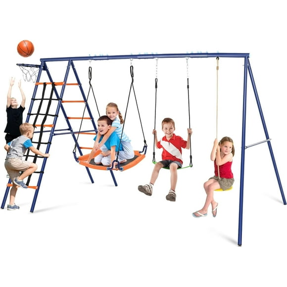 Veeboto 6-in-1 Swing Sets for Outside, 550lbs Heavy Duty A-Frame Outdoor Swing Set, Adjustable Kids Seat/Ground Stakes for Backyard