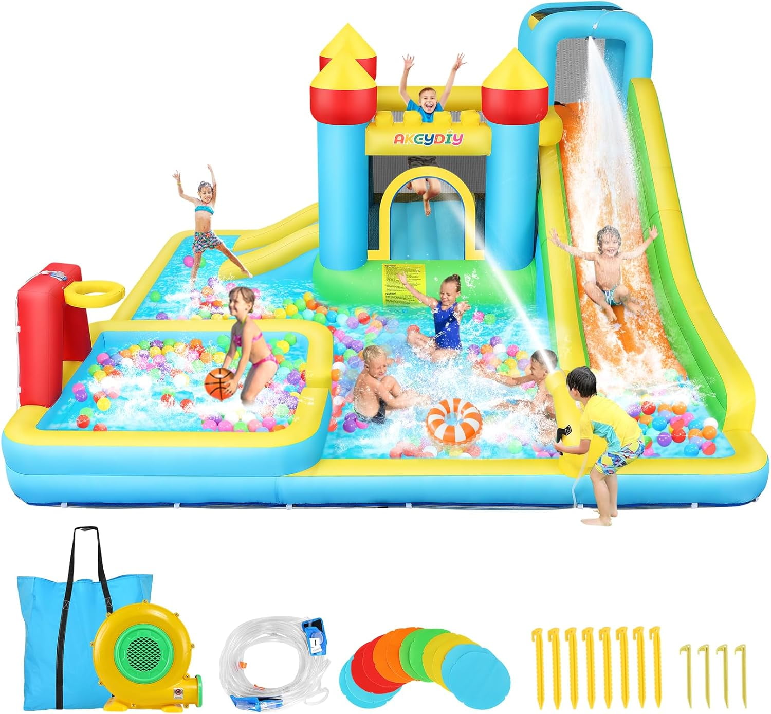 Veeboto 6-in-1 Water Slide with 550W Blower, Inflatable Bounce House with Climbing Wall, 2 Inflatable Slides, Basketball Hoop, Deep Pool, Bounce Zone for Kids, Indoor Backyard Party