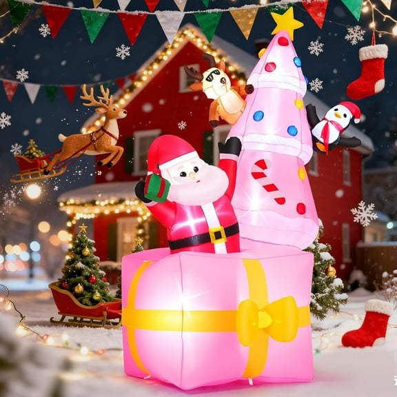 Veeboto 8FT Christmas Inflatable Decoration, Includes Gift Box, Santa Claus, and Pink Christmas Tree, Built-in LED Lights, Christmas Inflatable Waterproof Decor for Outdoor Indoor