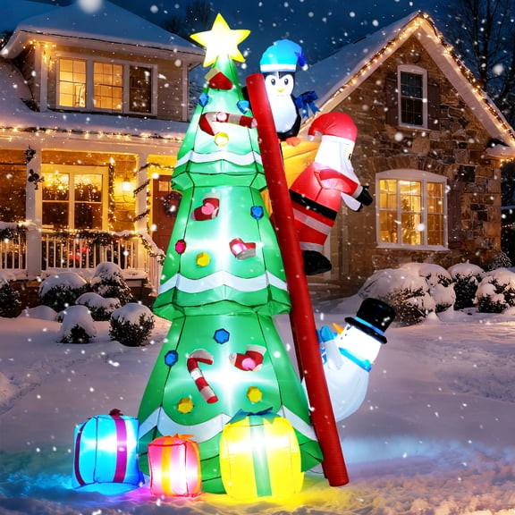 Veeboto 8FT Christmas Inflatable Tree with Gift Boxes, Santa Claus, and Penguins Climbing Stairs, Christmas Tree Blow up with Built-in LEDs Holiday Decoration for Party Yard Lawn