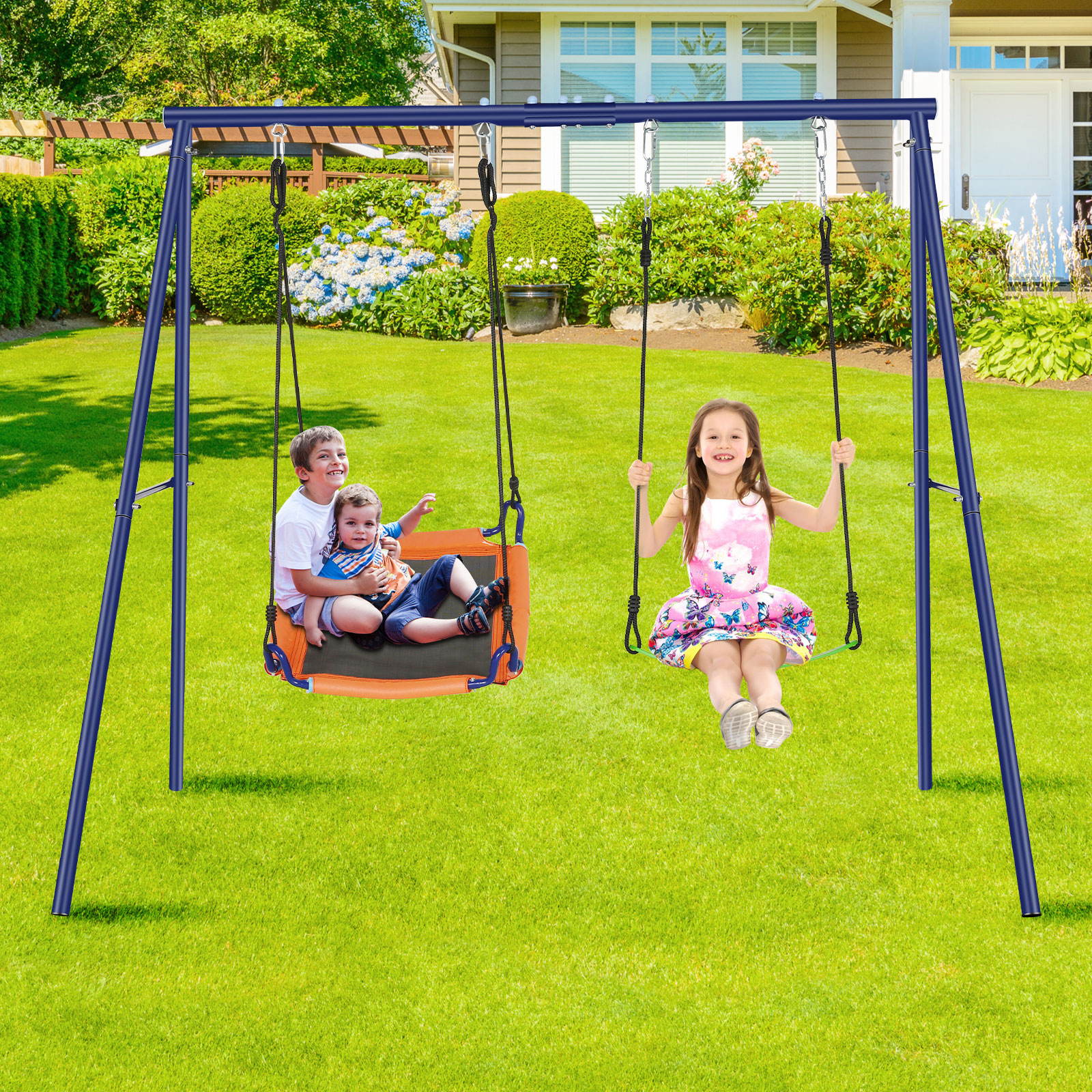 Veeboto Backyard Swing Set for Kids, 440lbs Outdoor Playground Swing Set  with Heavy Duty Metal A-frame Swing Stand,2 Adjustable Swing Seats for ...