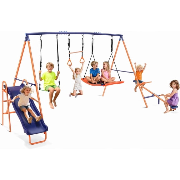 Veeboto Kids Swing Set, 700lbs Outdoor Swing Set with Heavy Duty Metal A-Frame Swing, 2 Adjustable Swing Seats, Slide/Teeter-Totter & Hanging Rings, for Backyards, Parks and Playgrounds
