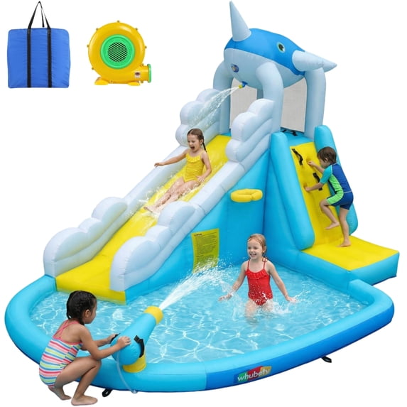 Adnoom Inflatable Water Slide with 480W Blower, Bounce House for Kids Backyard, Bouncy Castle with Large Pool/Basketball Hoop, Inflatable Water Park with Whale Water Slide/Climbing Wall/Water Cannon