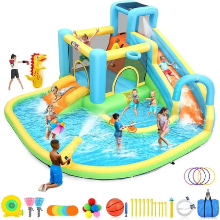 Veeboto Inflatable Water Slide for 3-12 Years, Bounce House with Climbing Wall, Ball Pool, Water Guns, Basketball Hoop, Hoop Game, Boxing Game, Indoor/Outdoor Kids Bouncy Castle with Blower