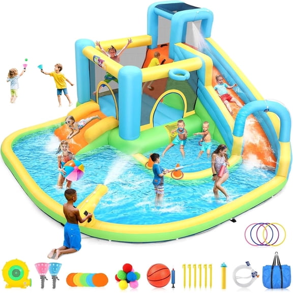 Veeboto Inflatable Water Slide for 3-12 Years, Bounce House with Climbing Wall, Ball Pool, Water Guns, Basketball Hoop, Hoop Game, Indoor/Outdoor Kids Bouncy Castle with Blower
