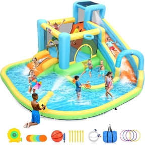 Veeboto Inflatable Water Slide for 3-12 Years, Bounce House with Climbing Wall, Ball Pool, Water Guns, Basketball Hoop, Hoop Game, Indoor/Outdoor Kids Bouncy Castle with Blower