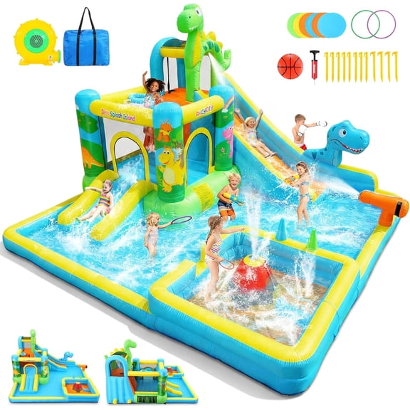 Veeboto Bounce House for 3-12 Years, Inflatable Water Slide with Climbing Wall, Ball Pool, Water Guns, Basketball Hoop, Ring Toss Game, Indoor/Outdoor Dinosaur-Themed Kids Bouncy Castle with Blower