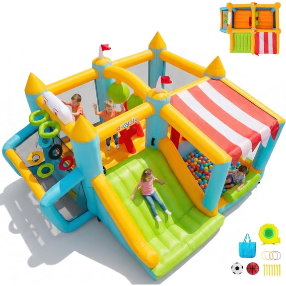 Veeboto Bounce House with 450W Blower, Featuring a Bounce Area, Tall Slide, Soccer Goal, Basketball Hoop, Snack Bar, Punching Ball, and Obstacle. Indoor/Outdoor Bounce castle for Kids Aged 3-12