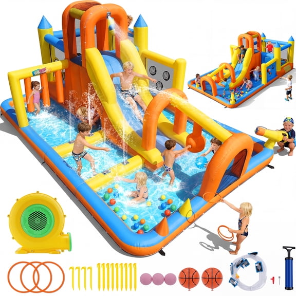 Veeboto Bounce House with 550W Blower, Inflatable Water Slide with Bounce Area, Slide, Pool, Basketball Hoop, Obstacle Poles, Ball Net, Water Cannon, Indoor & Outdoor Bounce Castle for Ages 3-12