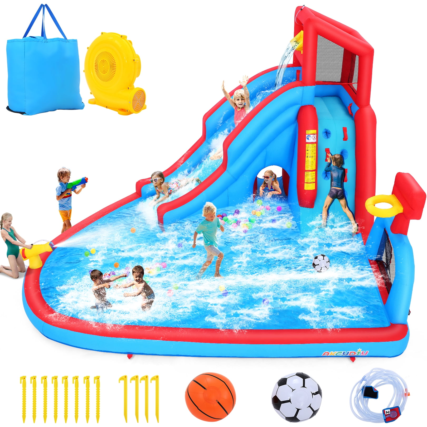 Veeboto Inflatable Water Slide with Pool, Climbing Wall, Basketball Hoop, Water Cannon, and Dump Bucket, Bounce House for Ages 3–10, Inflatable Water Park with Blower