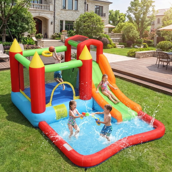 Veeboto Bounce House with Pool, Slide, Bouncy Area, Basketball Hoop, Climbing Wall, Bouncy Castle for Kids 3-10, Indoor & Outdoor inflatable castle with 370W Blower