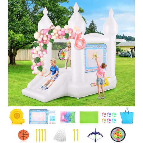 Veeboto Bounce House with Blower, Basketball Hoop, White Bouncy Castle with Slide, Balloons, Floor Cloths, Water Painting Mat, Suitable for Weddings, Parties, Birthdays, Indoor and Outdoor Decoration