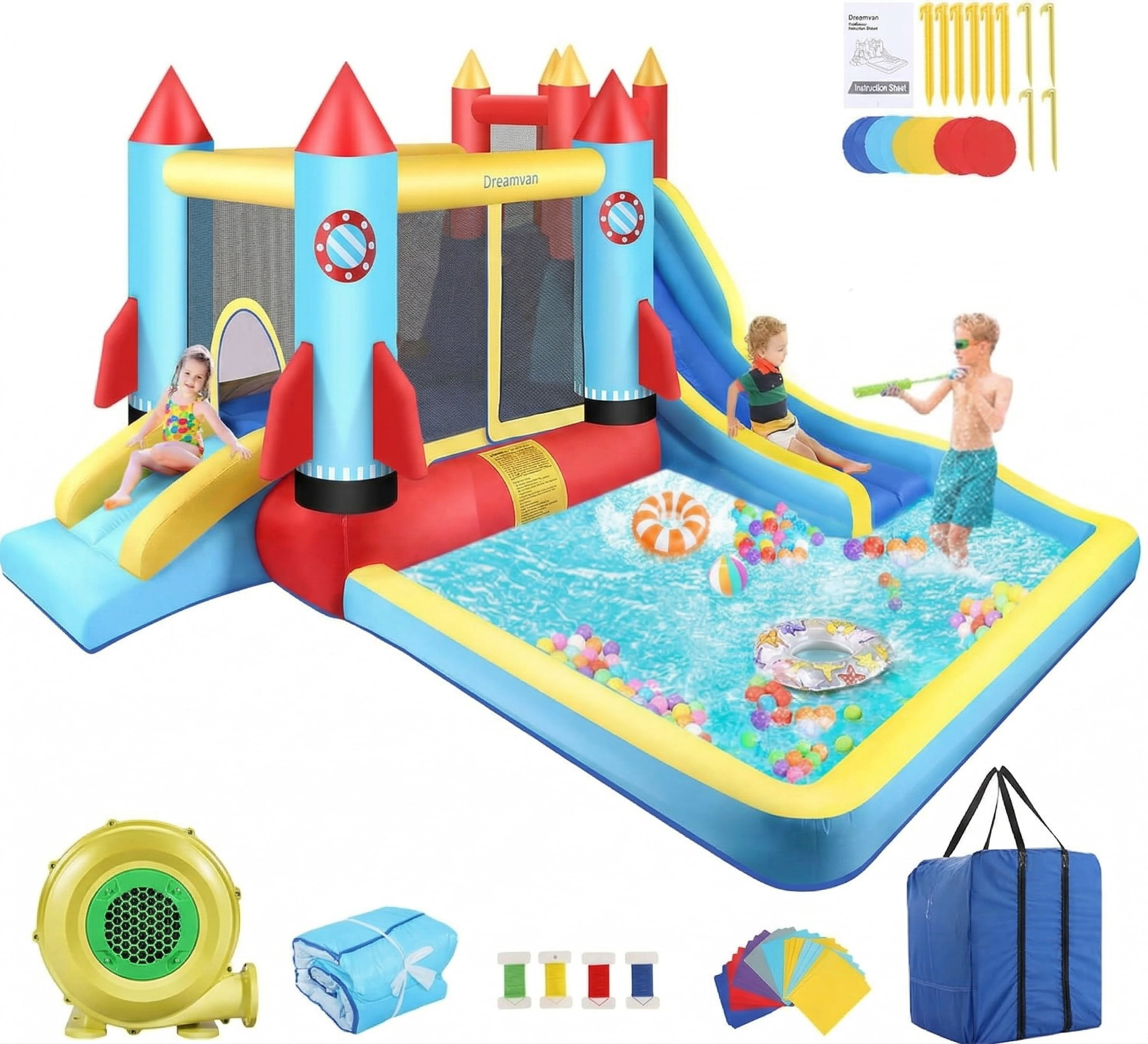 Veeboto Bounce House with Blower, Inflatable Water Slide with Climbing Wall, Pool/Ball Pit, Double Slide and Bouncing Area, 5-in-1 Indoor/Outdoor Bouncy Castle for both Dry and Wet, Durable PVC