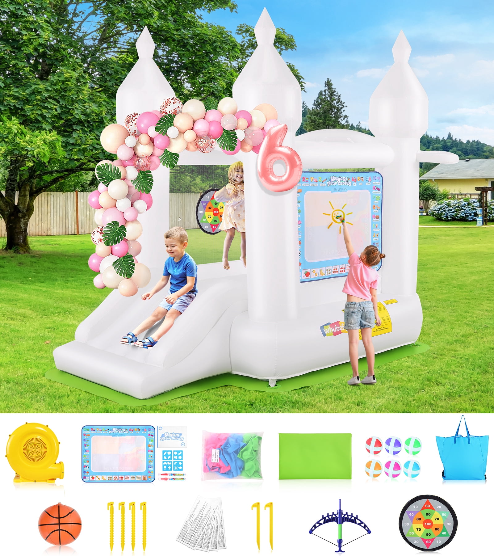 Veeboto Bounce House with Blower, Basketball Hoop, White Bouncy Castle with Slide, Balloons, Floor Cloths, Water Painting Mat, Suitable for Weddings, Parties, Birthdays, Indoor and Outdoor Decoration