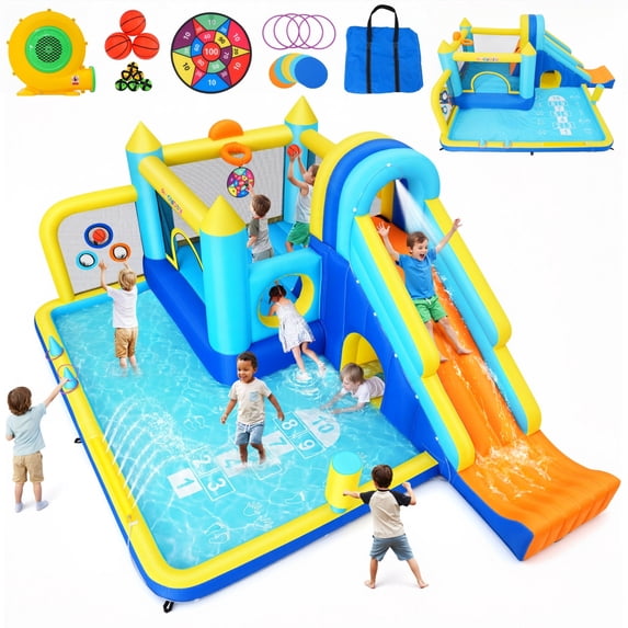 Veeboto Water Slide with 480W Blower, 12-in-1 Bounce House featuring Bounce Area, Slide, Pool, Basketball Hoop, Punching Pads, Ball Net, Inflatable Castle for Indoor&Outdoor