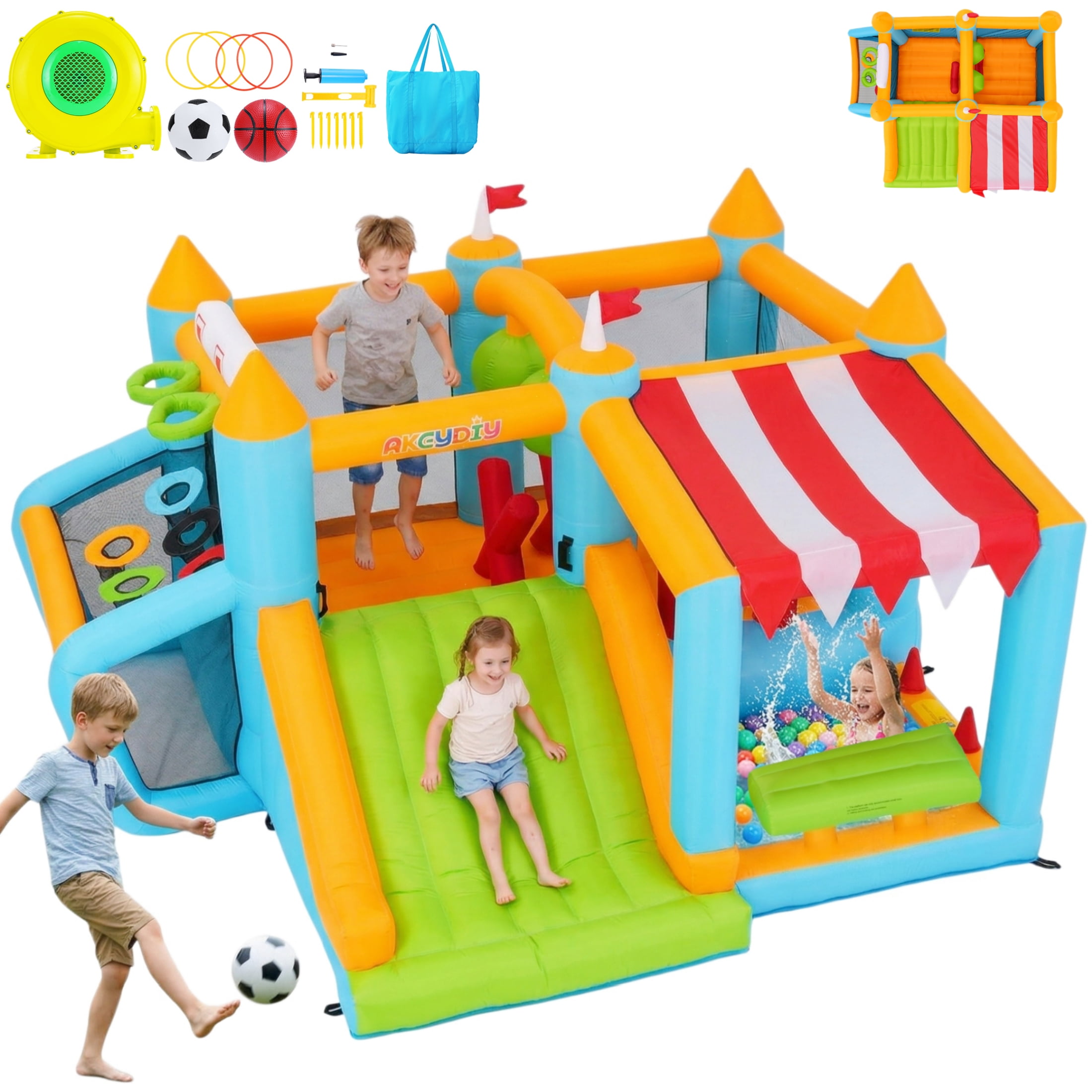Qhomic Inflatable Bounce House with 450W Blower, Indoor and Outdoor Obstacle Course Bounce House with Slide, Soccer Goal, Pool, Ring Toss Game, and Bouncy CastleSuitable for Ages 310