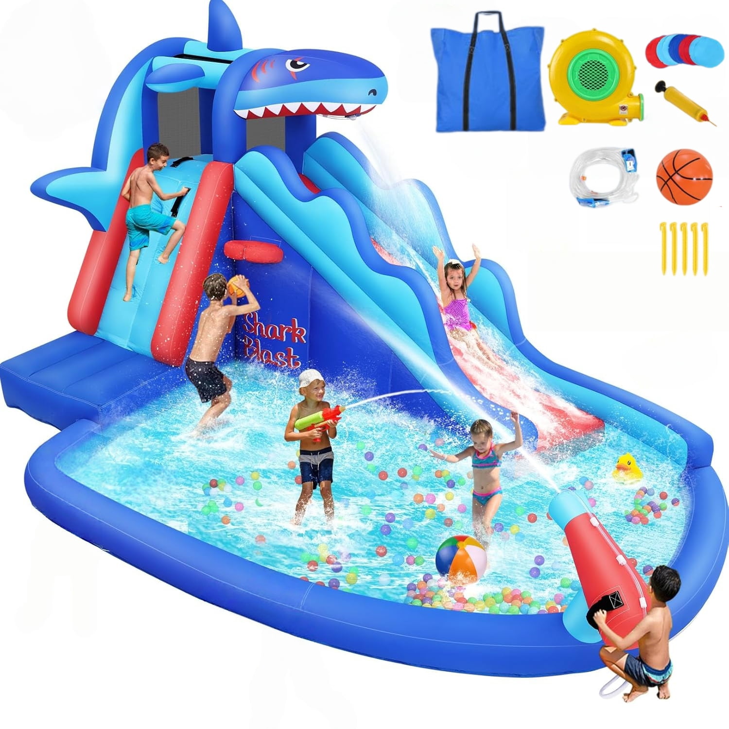 Veeboto Inflatable Water Slide with 480W Blower, Indoor and Outdoor Shark Design Bouncy House with Slide, Climbing Wall, Pool, Water Cannon, Water Park Suitable for Ages 3-8