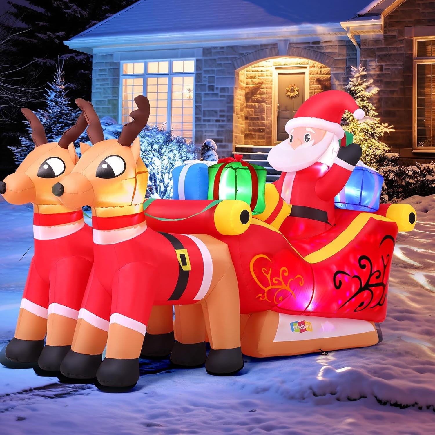 Veeboto Christmas Inflatable Santa Outdoor Decorations, 7.8x2.5x4.5 ft Christmas Blow up Santa Claus on Sleigh with Reindeers and Gift Boxes, Built-in LEDs for Lawn Yard Garden