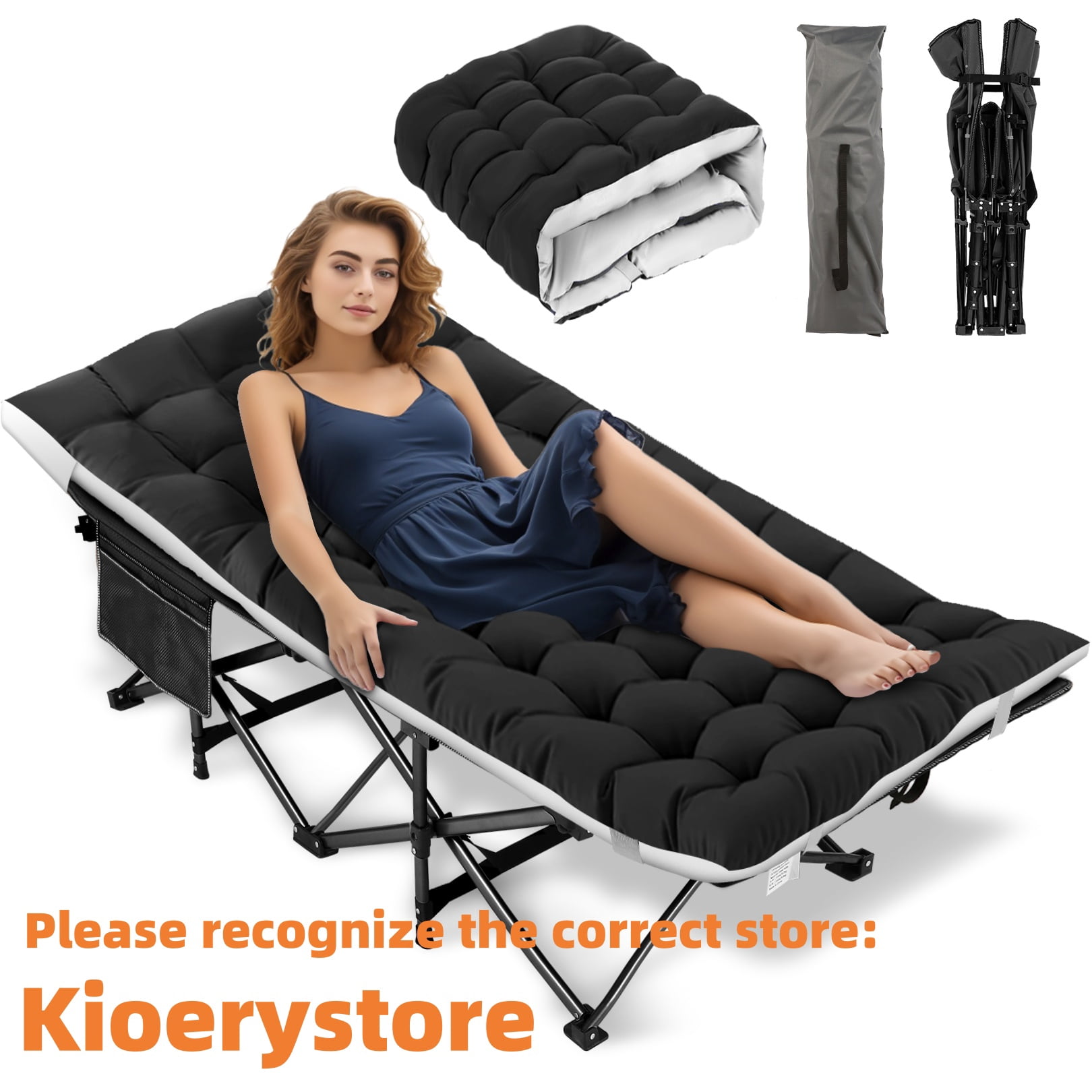 Veeboto Folding Bed Cot with Upgrade Mattress & Carry Bag & Side Pockets, 900lb Folding Camping Cot for Adult & Kids, 75x28in Portable Sleeping Cot Double Layer Oxford, Black