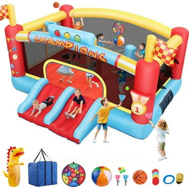 Veeboto Inflatable Bounce House for 3-12 Years, Large Bouncy House with Double Slides, Jumping Area, Ball Baskets, Nets, Targets, Obstacle Poles, Jumping House for Indoor & Outdoor Without Blower