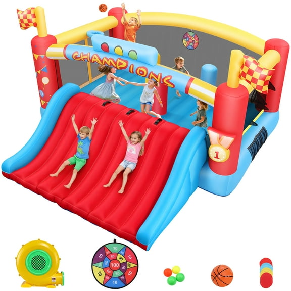 Veeboto Bounce House for 3-12 Years, Large Bouncy House with Big Slide, Jumping Area, Ball Baskets, Nets, Targets, Obstacle Poles, Jumping House for Indoor & Outdoor with 550W Blower