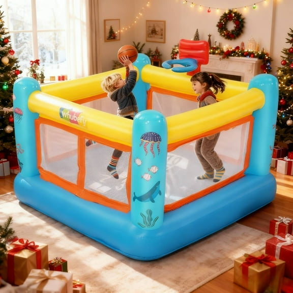 Inflatable Bounce House with Blower, Kids Bounce House for 3-6 with Basketball Hoop, PVC Indoor Jumping Bouncy Castle with Game Map for Birthday, Party, Garden, Xmas